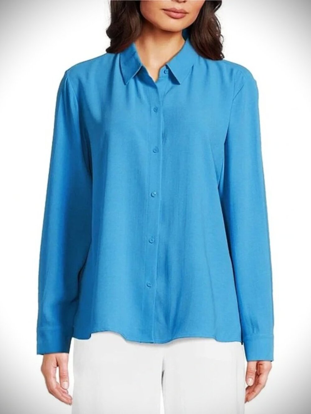 EILEEN FISHER Azure Silk Georgette Crepe Classic Collar Shirt Size L